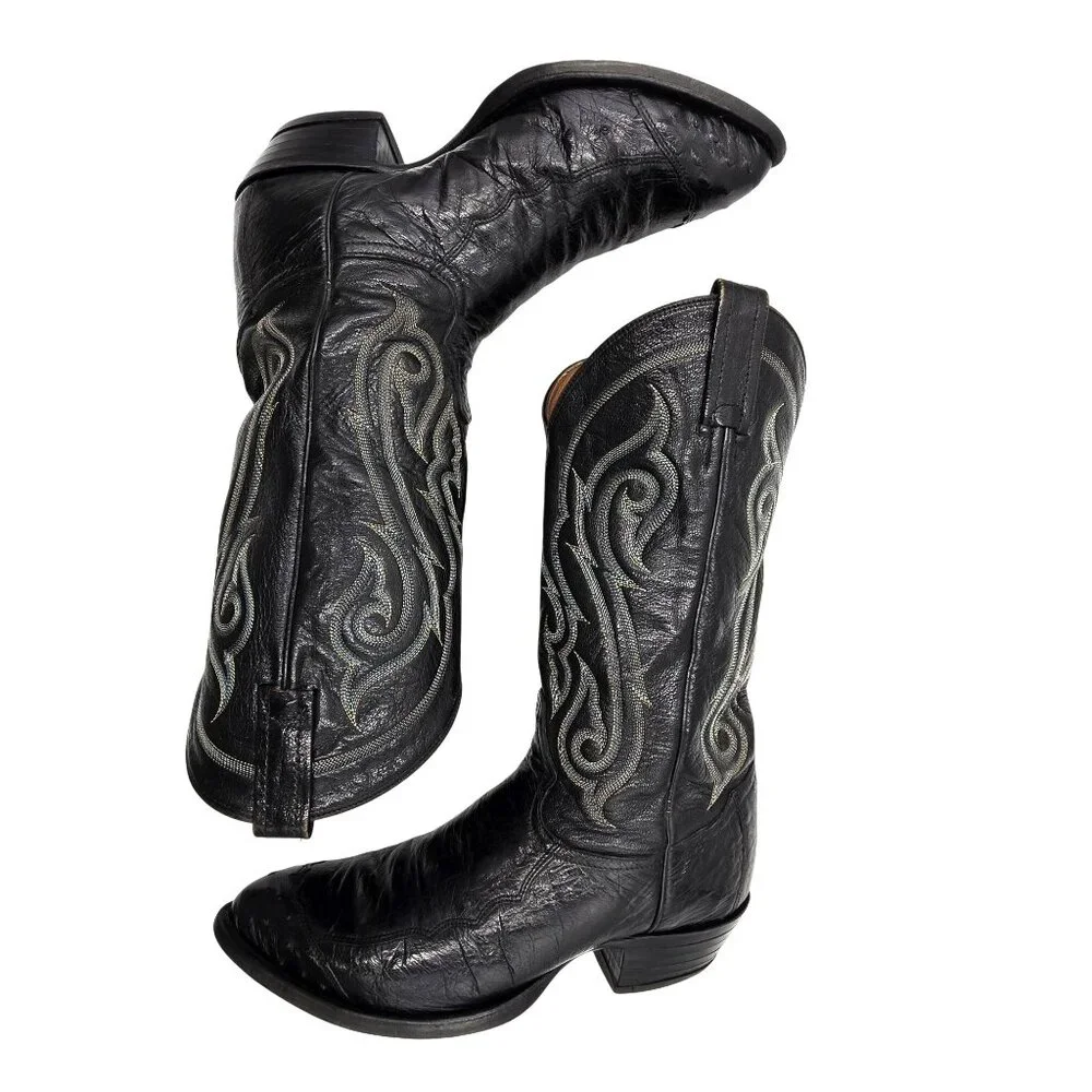 Vintage Tony Lama Mens 9D Black Exotic Ostrich Wingtip Cowboy Western Boots CBC - Picture 8 of 14